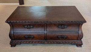 ML - Vintage Coffee Table - Broyhill Carved Wood 4-Drawer Storage Table