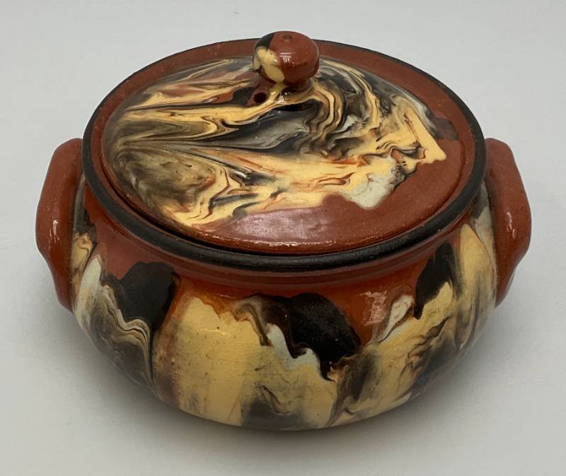 Vintage Glazed Terracotta Bean potSoup Bowl With Lid With Swirled Brown, Cream And Black Pattern 4 12 x 6 14