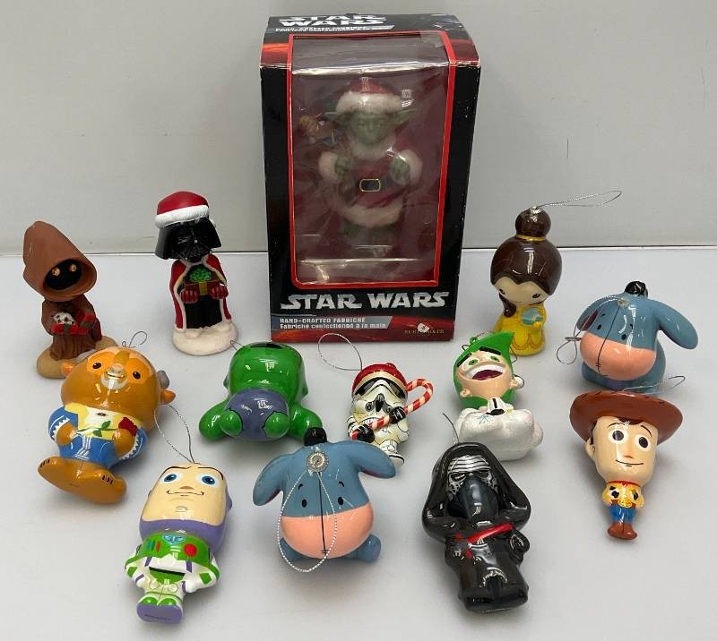 Miscellaneous vintage collectible Disney ornaments including Star Wars and More (Star Wars Yoda new in box.)