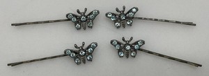 Set Of Four Vintage Blue Rhinestone Butterflies Hair Pins