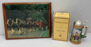 1960s-70s Budwieser Wooden Epoxy Wall Clock (Needs New Movement) 15.5 x 20 And Collectible Norman Rockwell Beer Stein New old Stock In Original Box
