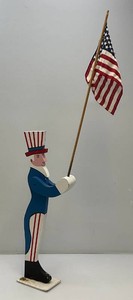 Vintage Handmade Wooden Folk Art Uncle Sam Flag Holder With Flag 24