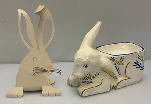 Vintage Paper Mache Rabbit And Metal Rabbit Dcor 9 x 11