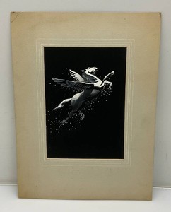 Original Unknown Artist Pegasus 9 x 12 Painting 15 x 20 Mat