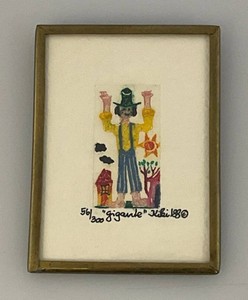 1980 Highly Collectible Miniature Kiki Suarez Original 56300 Whimsical Folk Art Miniature Etching The Giant Framed Behind Glass 2 x 2 34