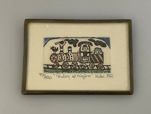 1982 Highly Collectible Miniature Kiki Suarez Original 97150 Whimsical Folk Art Miniature Etching Pedro The Traveler Framed Behind Glass 2 14 x 3 14