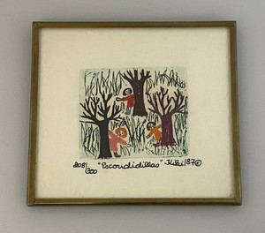 1987 Highly Collectible Miniature Kiki Suarez Original 208300 Whimsical Folk Art Miniature Etching Escondidillas Hide And Seek Framed Behind Glass 3 14 x  3 12