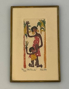 1984 Highly Collectible Miniature Kiki Suarez Original 90150 Whimsical Folk Art Miniature Etching Bailamdo The Dancers Framed Behind Glass 3 34 x  5 34