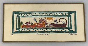 1987 Highly Collectible Miniature Kiki Suarez Original  Whimsical Folk Art Miniature Etchin Mi Perro Y Yo My Dog And Me Framed Behind Glass 4 34 x  10