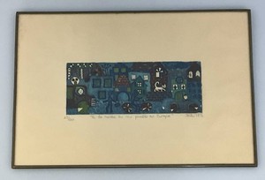 1988 Highly Collectible Miniature Kiki Suarez 25200 Original  Whimsical Folk Art Miniature Etchin La Noche En Mi Pueblo  In The Night In My Town In Europe Framed Behind Glass 47 x 10 14