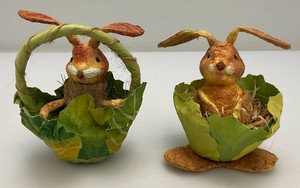 Vintage Collectible Easter Bunny Paper Mache Folk Art Figurines Bunnies In Cabbage Baskets 4 x 4