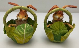Vintage Collectible Easter Bunny Paper Mache Folk Art Figurines Bunnies In Cabbage Baskets 4 x 4