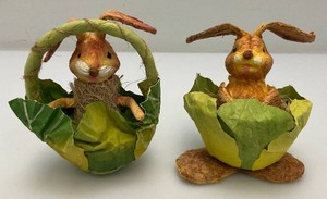 Vintage Collectible Easter Bunny Paper Mache Folk Art Figurines Bunnies In Cabbage Baskets 4 x 4