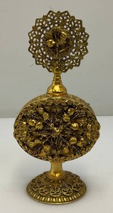 Antique Floral Ormolu Filigree Perfume Bottle With Crystal Dauber