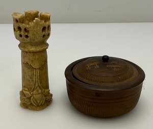 Vintage Oriental Collectibles Including Soapstone Carved Miniature Vase 4 & Handcarved Small Wooden Covered Bowl 2 12 x 3 12