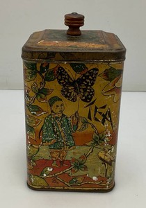 Antique Oriental Themed Tin Litho Tea Canister With Wood Handle 4 14 x 4 14 x 7 12