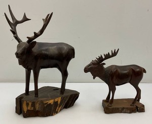 Very Cool Hand Carved Iron Wood Elk (Repaired Antler) 13 12 And Moose 8 34 Sculptures (Asc Seen Missing Antler)