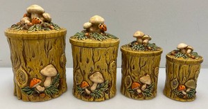 Awesome 4 Piece Set Of 1970s Geo Z. Lefton Woodland Forest Mushroom Canister Set With Lids
