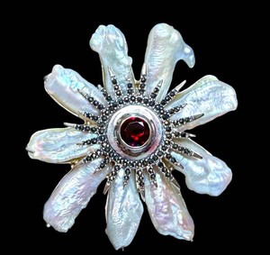 Flower Pearl Pendant - Sterling Silver Red Center Stone