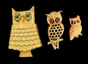 Vintage Owl Pins - Gold-Tone Brooch Group (Lot of 3)