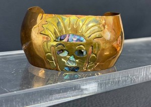 Vintage Jose Anton Mexico Mixed Metal Cuff Bracelet - Mayan Mask Coba Motif with Abalone Inlay