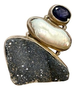 Sterling Silver Pendant - Baroque Pearl, Dark Druzy & Purple Gemstone
