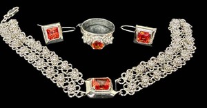 Sterling Silver Jewelry Set - Orange Cubic Zirconia, 3-Piece