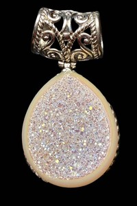Sterling Silver Druzy Agate Pendant - Iridescent Teardrop
