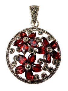 Sterling Silver Dallas Prince Garnet & Marcasite Floral Pendant Enhancer