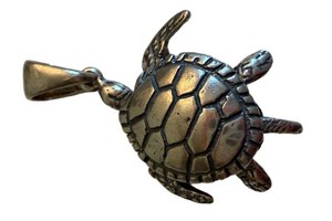 Sterling Silver Articulated Turtle Pendant - Dimensional Sea Turtle With Patina