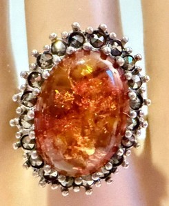 Sterling Silver Amber Ring With Marcasite Size 10