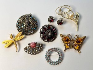 Costume Jewelry - 7 Brooches & Earring Pair Mixed Lot