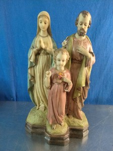 Vintage hand-painted chalkware or polyresin religious figurine of the Holy Family