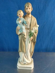 Vintage hand-painted porcelain statue of Saint Joseph holding Baby Jesus,