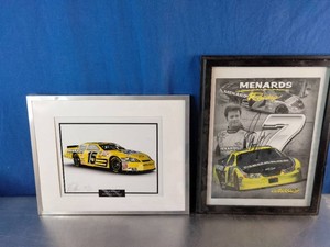 Two framed NASCAR racing collectibles featuring Menards-sponsored cars and drivers