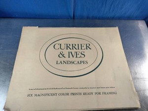 Vintage portfolio folder containing a set titled Currier & Ives Landscapes Six Magnificent Color Prints Ready for Framing.