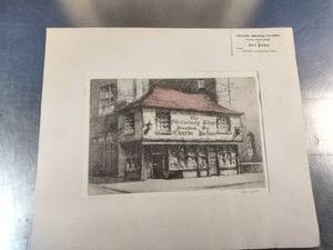 A vintage pencil-signed and hand-tinted etching titled The Old Curiosity Shop by British 20th-century artist Cecil Forbes.