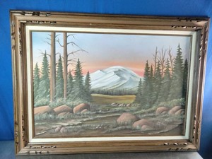 Original decorative oil painting featuring a snowy mountain landscape framed in an ornate wood frame