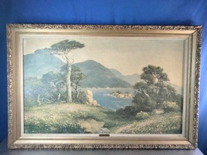 Vintage framed reproduction print of a coastal landscape titled Pacific Bay (or Pacific Coast) by artist Robert Wood.