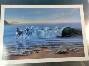 This is the Wild Waters limited edition print featuring white horses running through ocean surf, painted by artist Jim Warren in 1993.