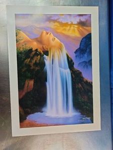A surrealist print titled Natural Beauty by American artist Jim Warren, featuring a woman whose long blonde hair flows into a waterfall.