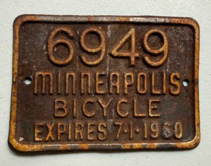 UK - Rare Vintage 1960 Minneapolis Bicycle License Plate #6949