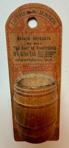 UK - Antique Luther & Jensen Hardware Wooden Match Holder & Barrel