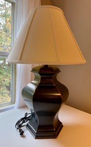 UK - Table Lamp with Dark Hexagonal Base & Cream Paneled Shade - 29
