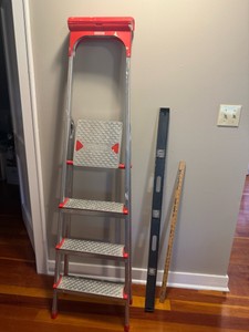 Aluminum Ladder with Level & Vintage Marketing Yardstick