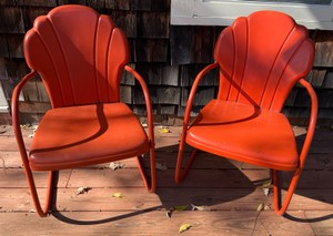 O - Mid-Century Orange Metal Shell Patio Chairs