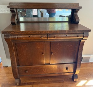 KD - Antique American Empire Tiger Oak Sideboard with Mirrored Gallery
