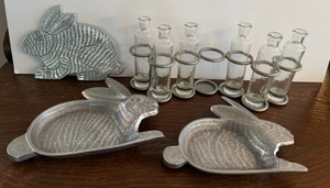 KD - Vintage Pewter-Style Aluminum Bunny Dishes & Glass Cruet Set Lot