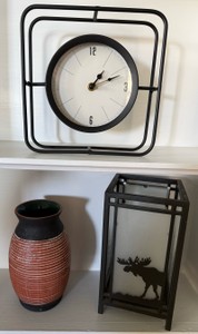 LR - Rustic Modern Decor Trio Clock, Lantern, & Vase