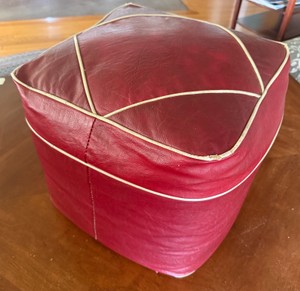 LR - Vintage Red Leather Pouf Ottoman with Contrast Piping